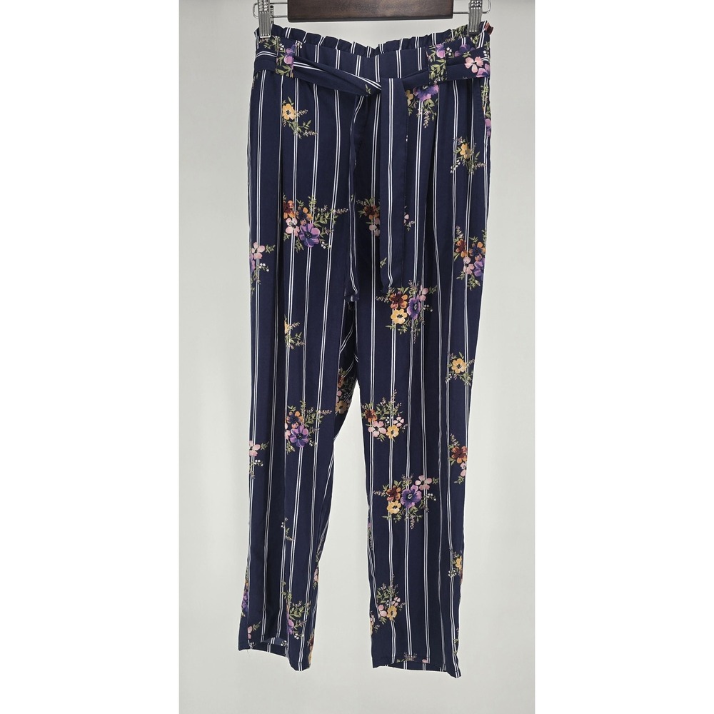 Joe B Navy Floral Striped Paperbag Waist Tie Pants Medium M3602410
